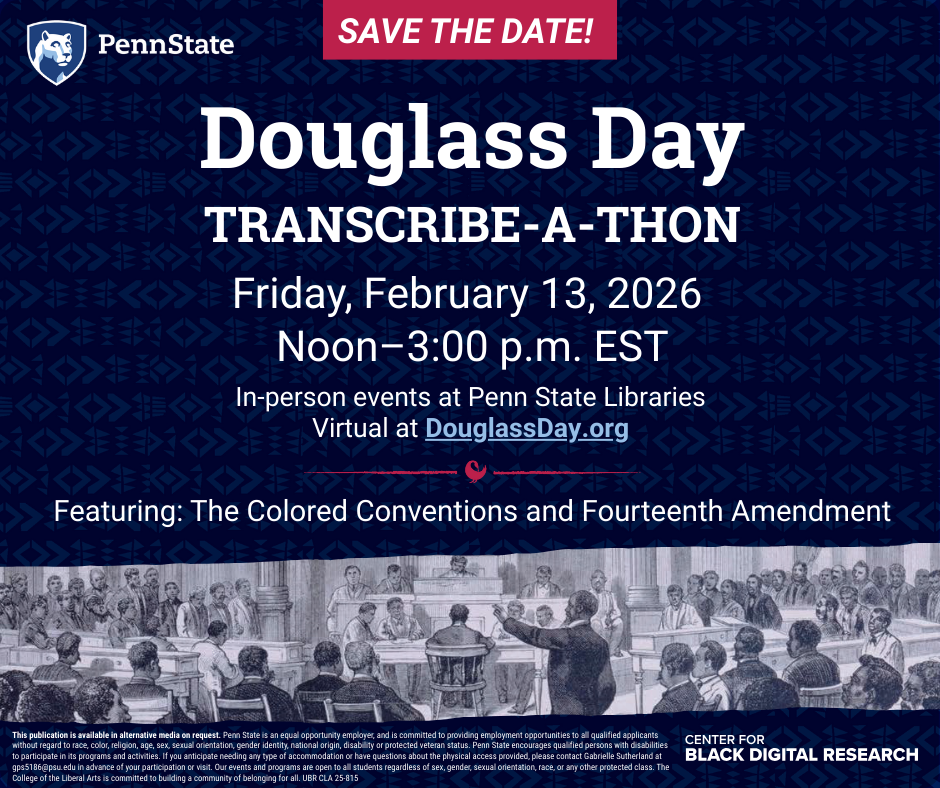 Dark blue textured background; white text with event details; drawing of convention meeting across the bottom