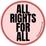 Round sticker design that reads "All Rights for All" and has the website address for DouglassDay.org
