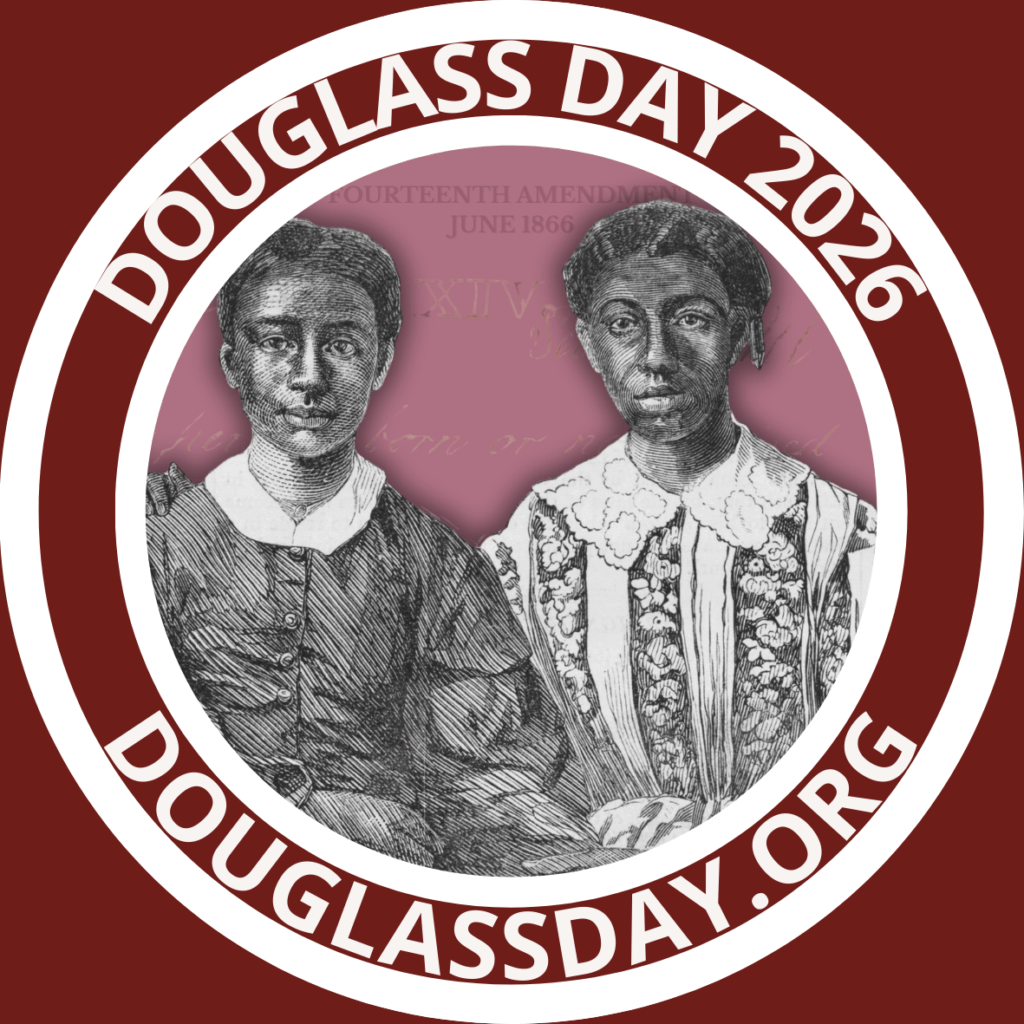 Douglass Day 2026 round sticker featuring a black-and-white portrait of Lizzie and Eliza Scott and the words "Douglass Day 2026" and "DouglassDay.org"